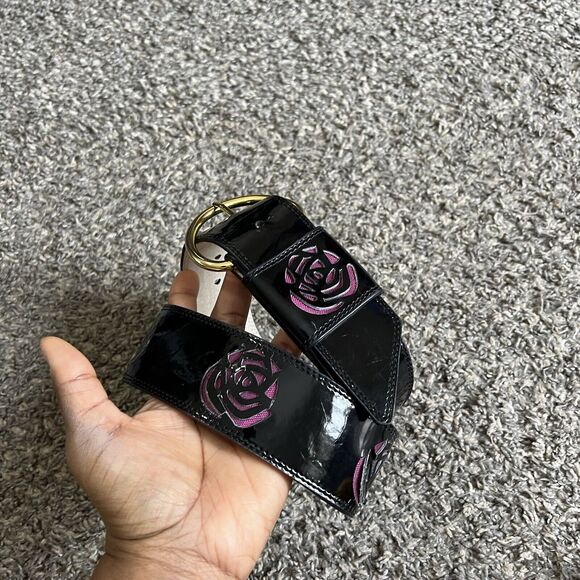 Betsy Johnson Belt Black Patent Pink Flower Cut Out Chunky Wide Waist Belt VTG M - Picture 8 of 9